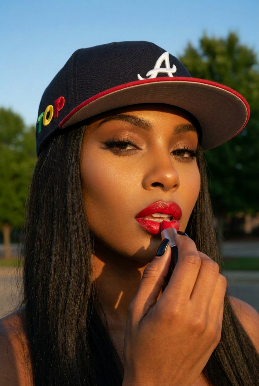ATLANTA MODEL APPLYING BRIGHT RED LIPSTICK