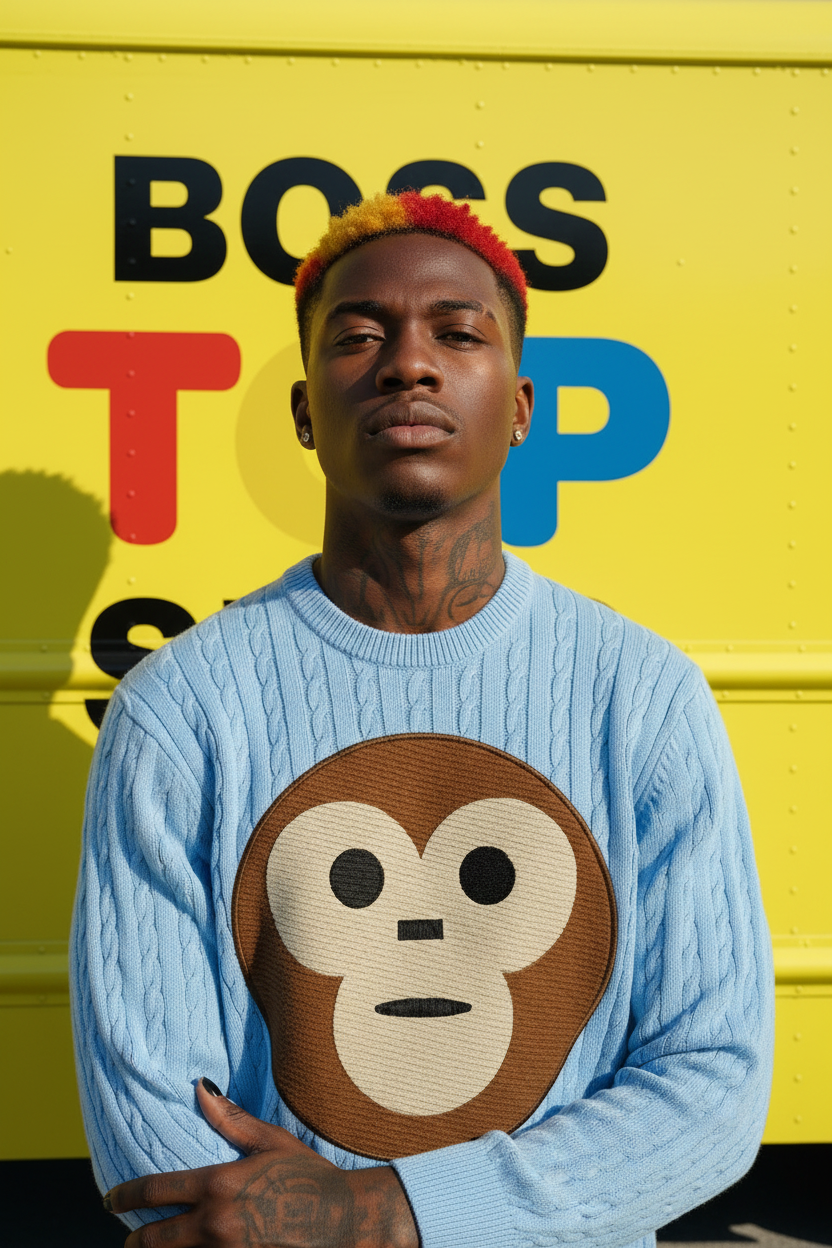 Baby Blue Sweater Truck BG Red Yellow Streaks Portrait