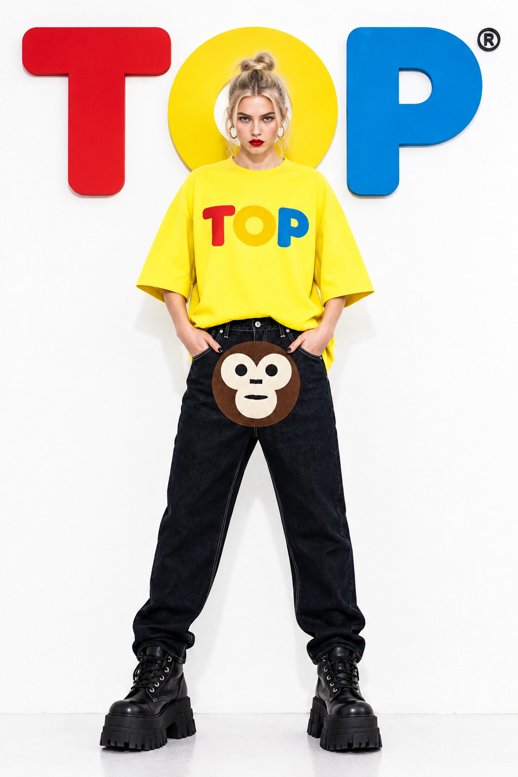 British Model Full Body Yellow Tee Monkey Jeans