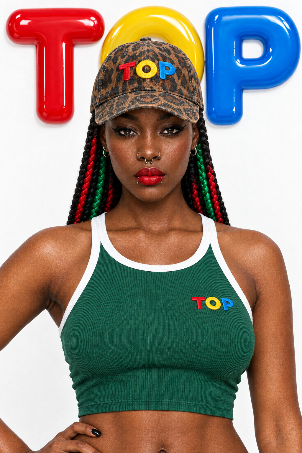 Chest up crop of the model in the cap and green crop tank, glossy TOP wall