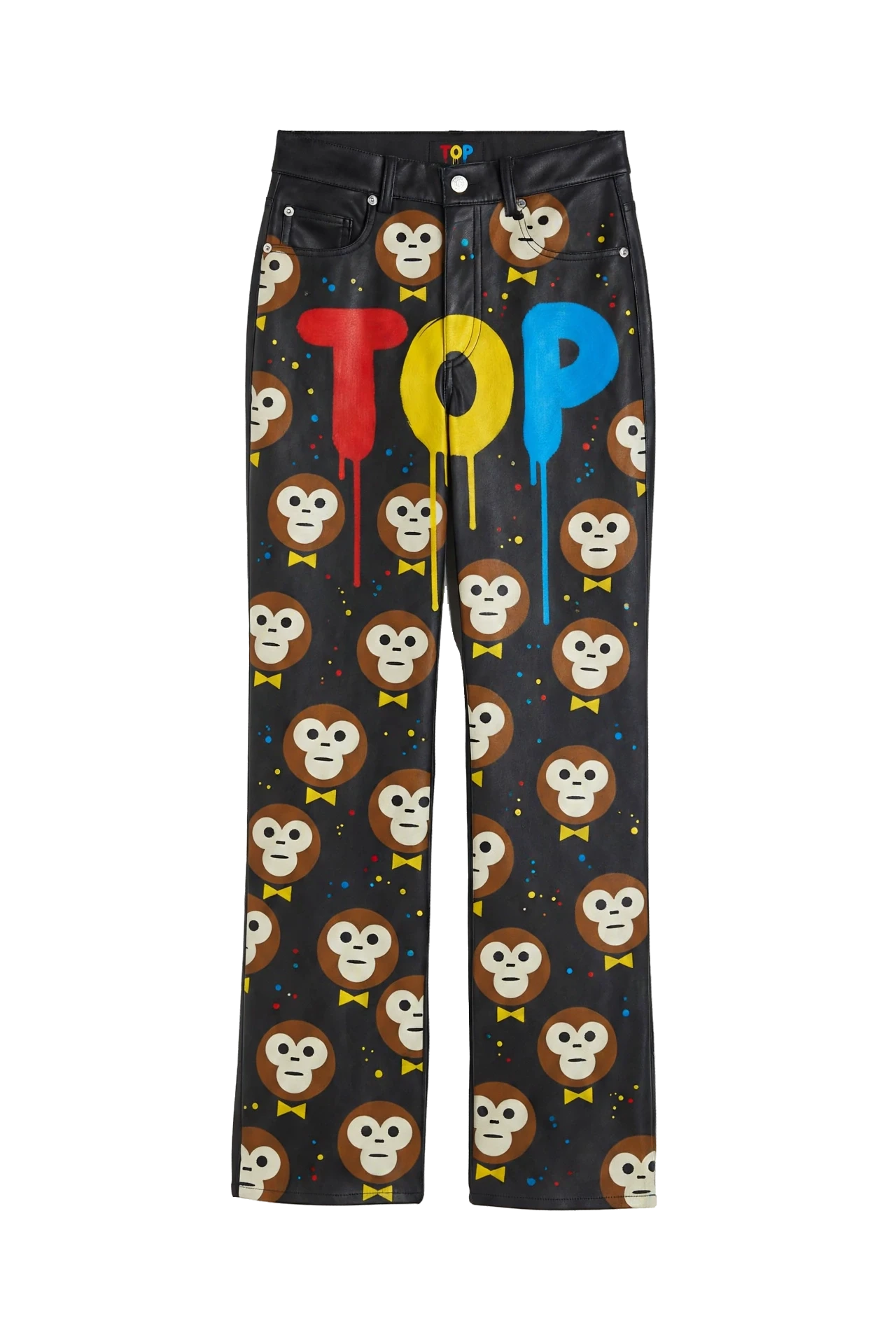 BLACK STRAIGHT COATED TOP COLORS DRIP LEATHER PANTS
