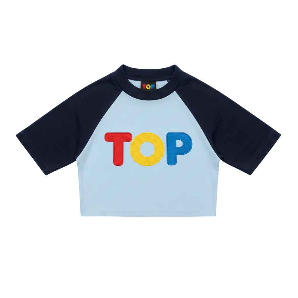 COLOR BLOCK RAGLAN BLUE WITH NAVY BLUE CROP TOP T-SHIRT
