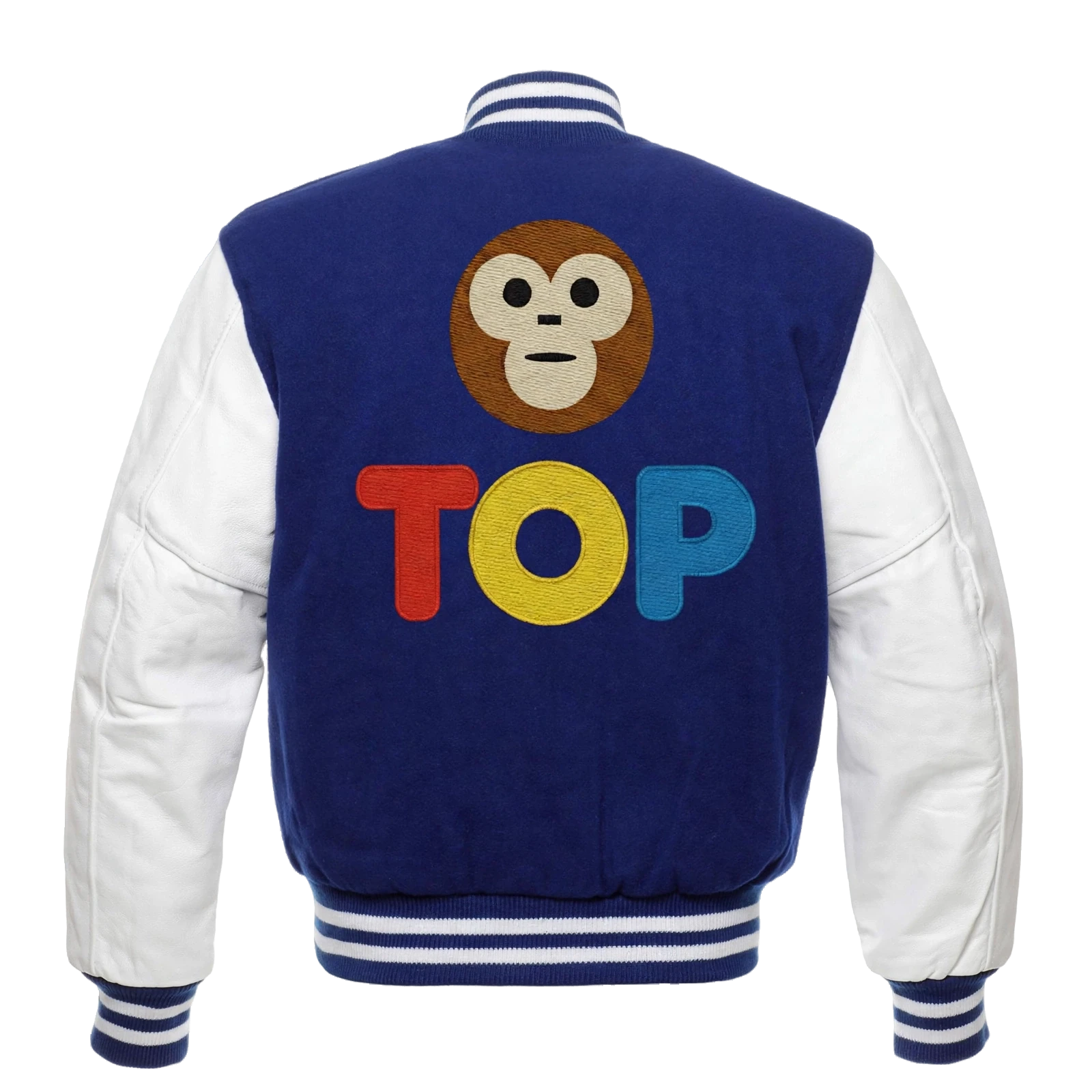 ROYAL BLUE WOOL WHITE LEATHER TOP VARSITY JACKET
