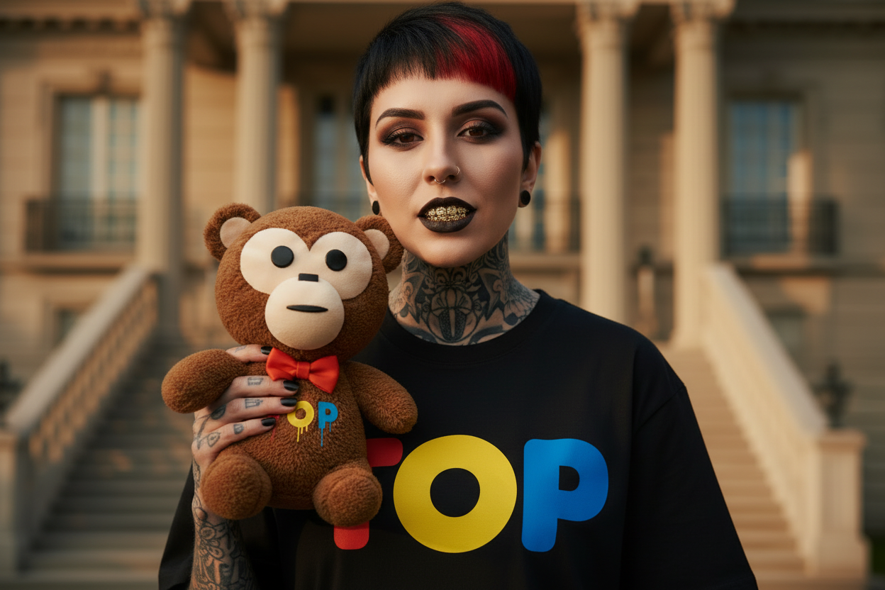 Female Macro Black Tee Teddy Beside Face