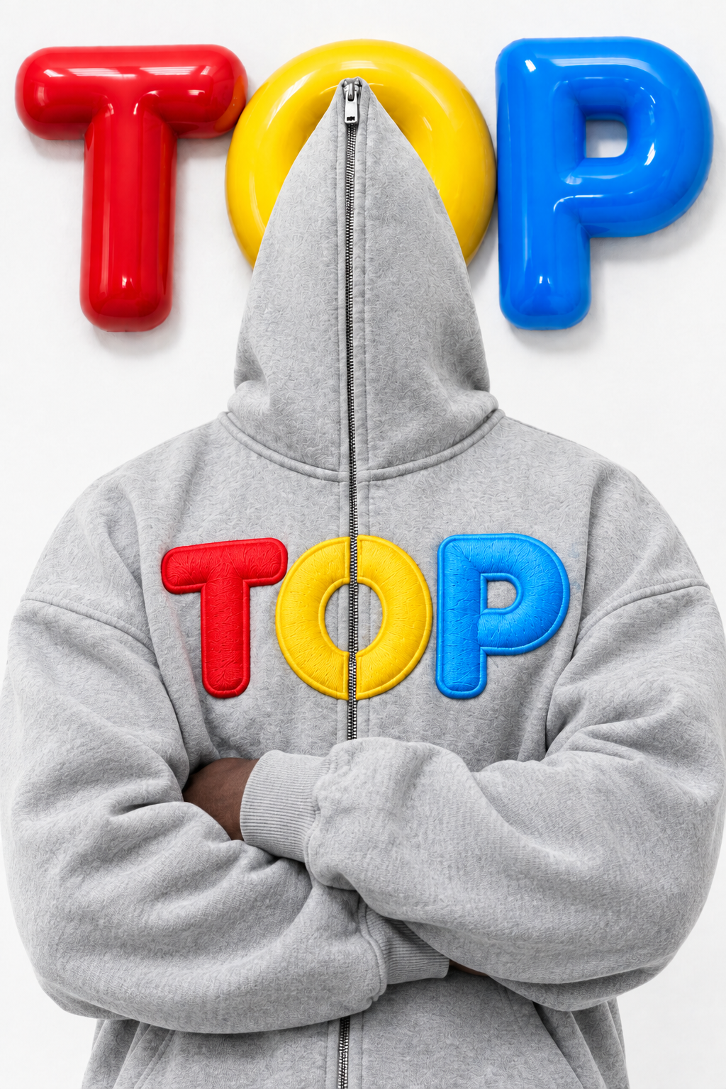 Grey TOP hoodie mystery, arms crossed, tight chest crop