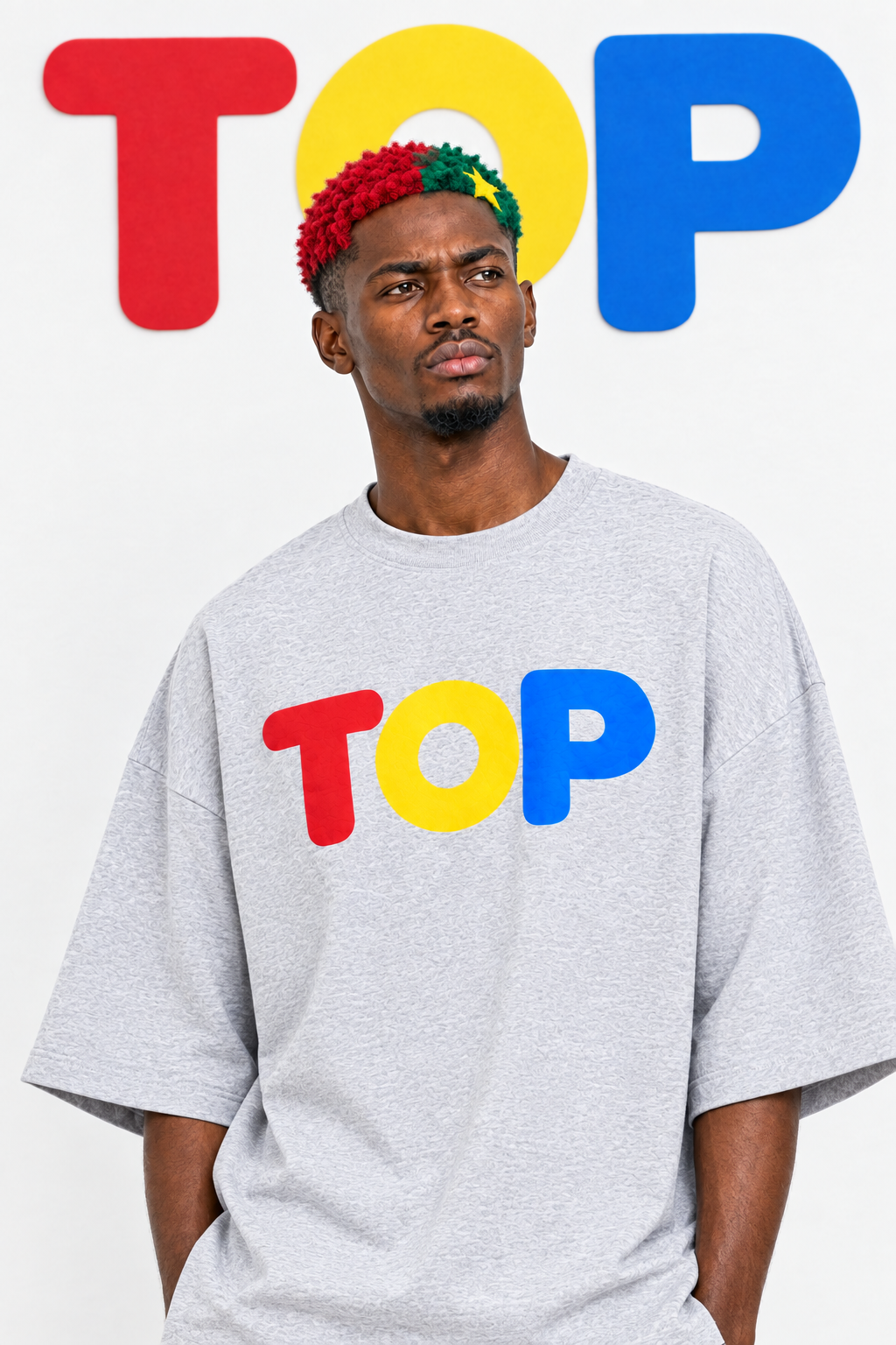 Grey TOP tee frontal pose looking off-camera
