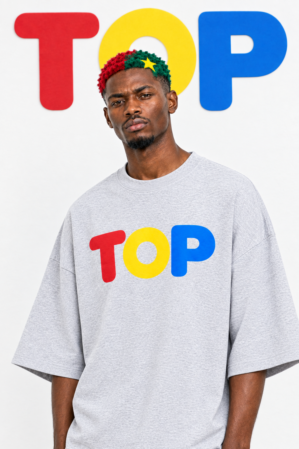 Grey TOP tee model with serious direct gaze