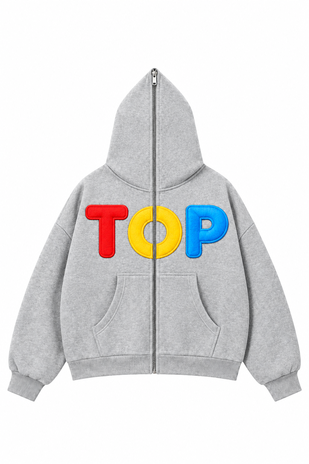 Grey TOP zip hoodie front website flat lay