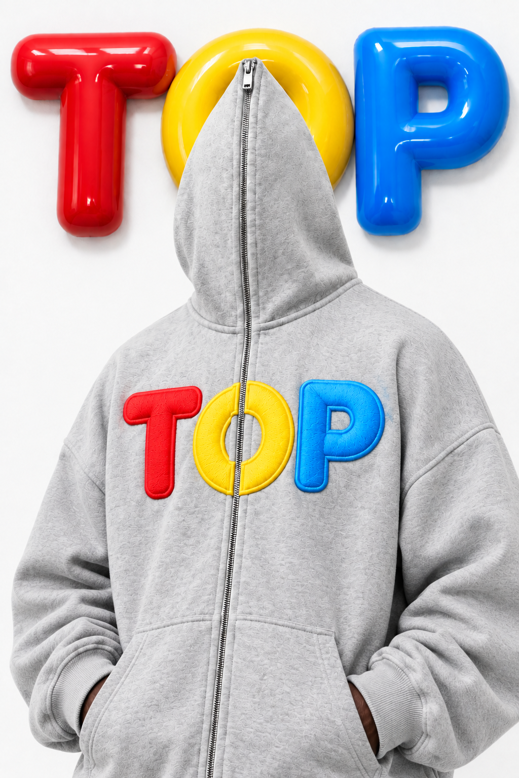 Grey TOP zip hoodie mystery shot with a slight three-quarter turn