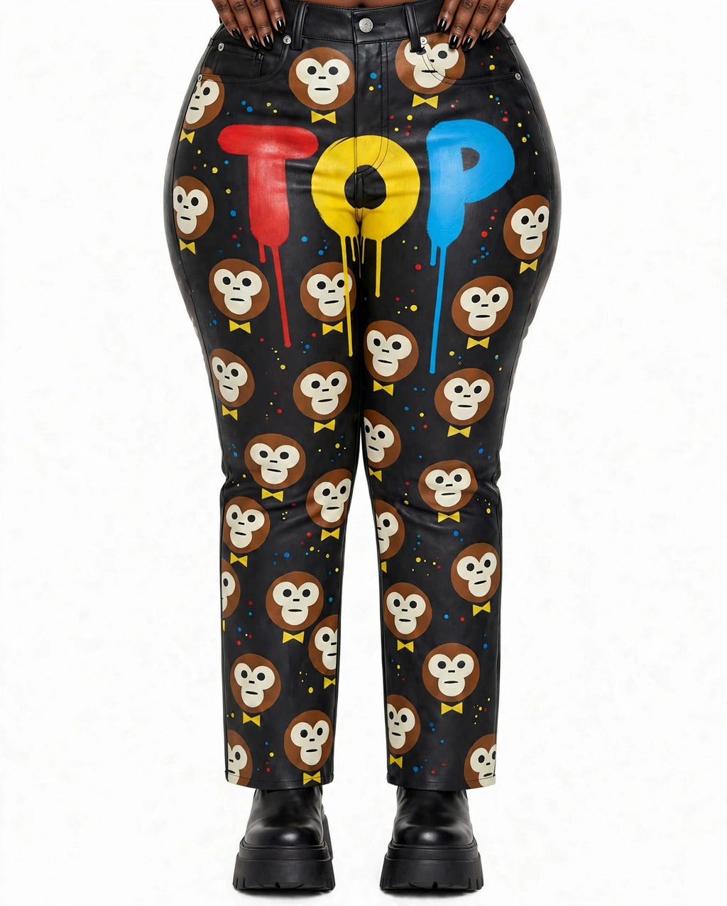 BLACK STRAIGHT COATED TOP COLORS DRIP LEATHER PANTS