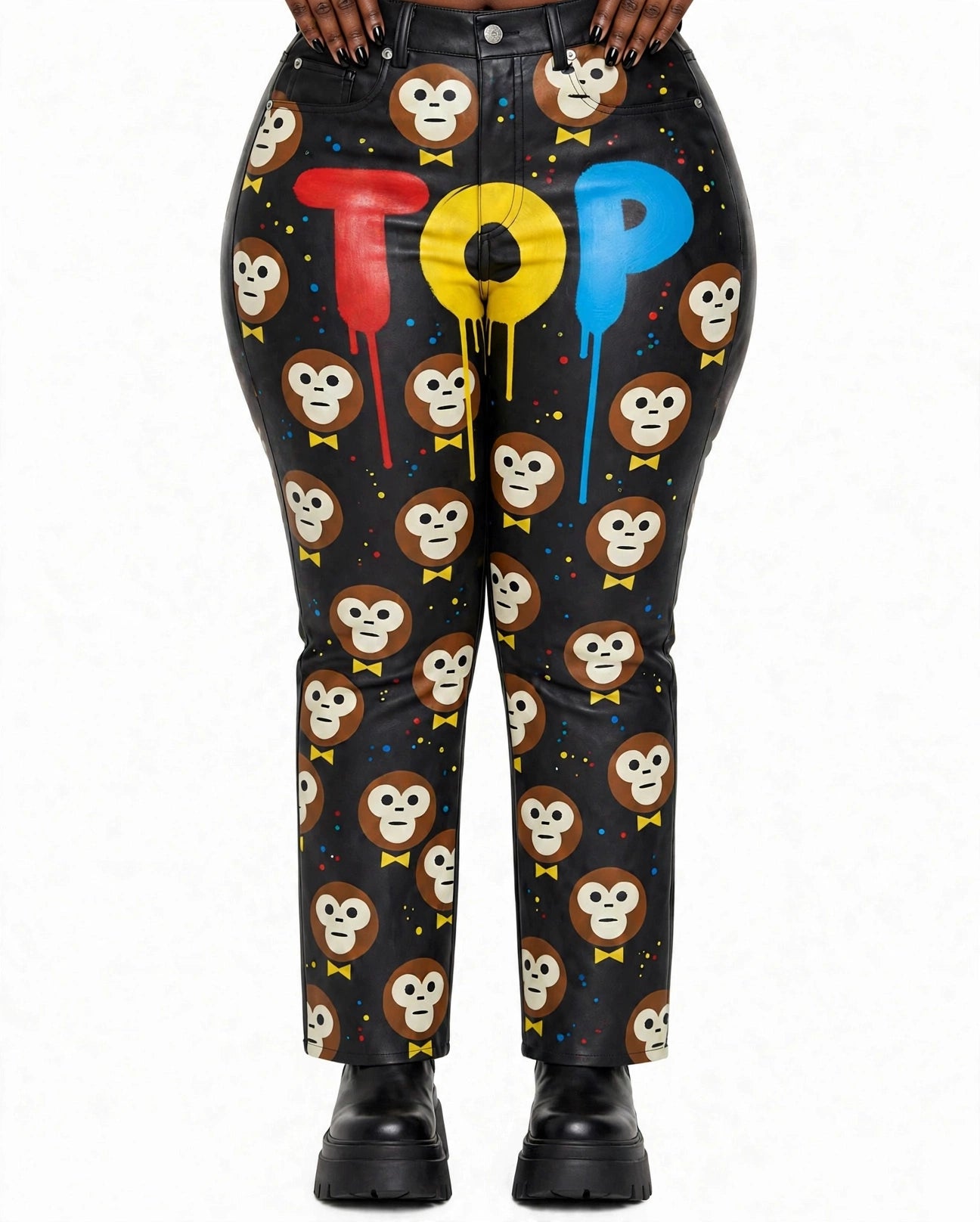 BLACK STRAIGHT COATED TOP COLORS DRIP LEATHER PANTS