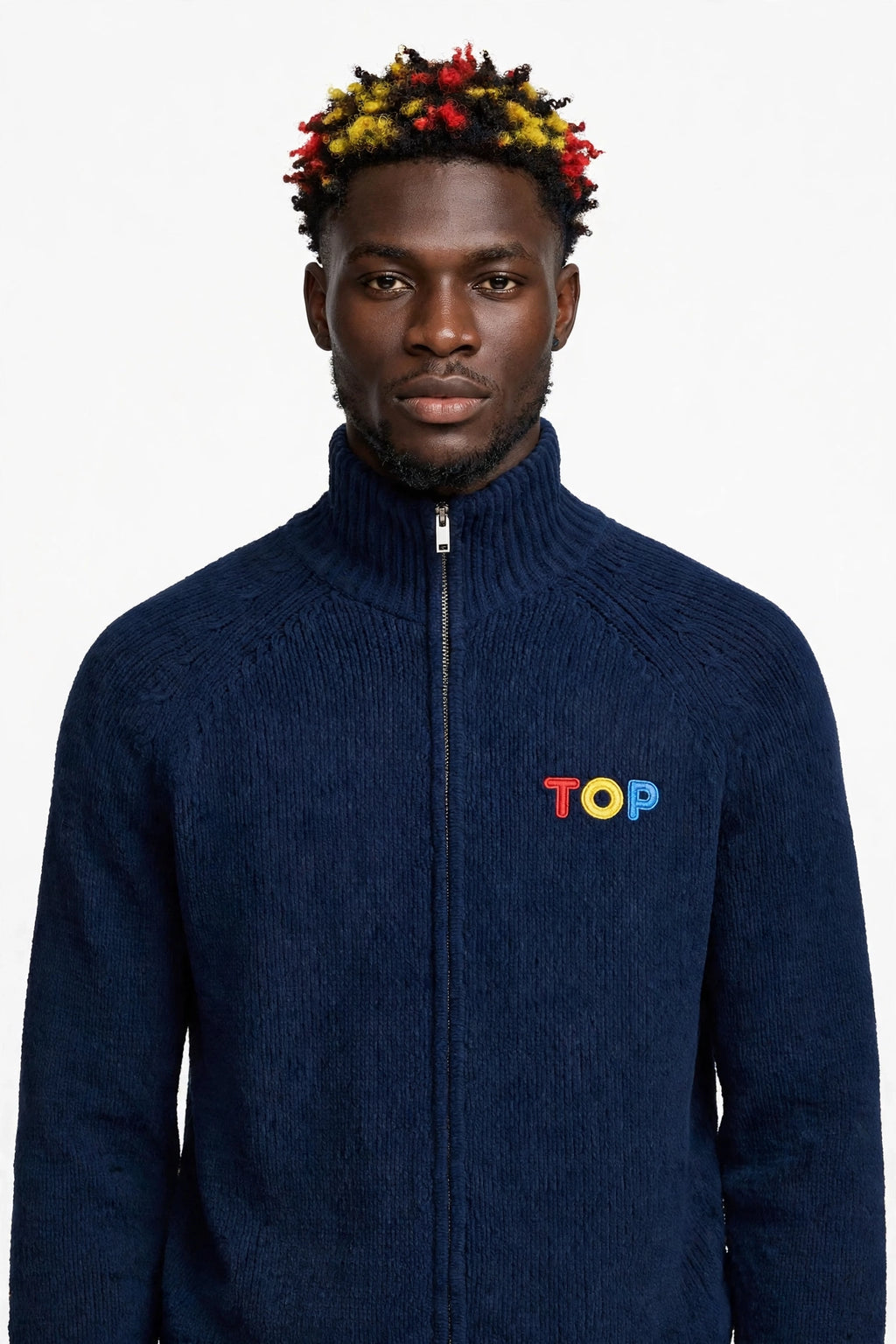 RELAXED-FIT NAVY CHENILLE CARDIGAN WITH ZIPPER