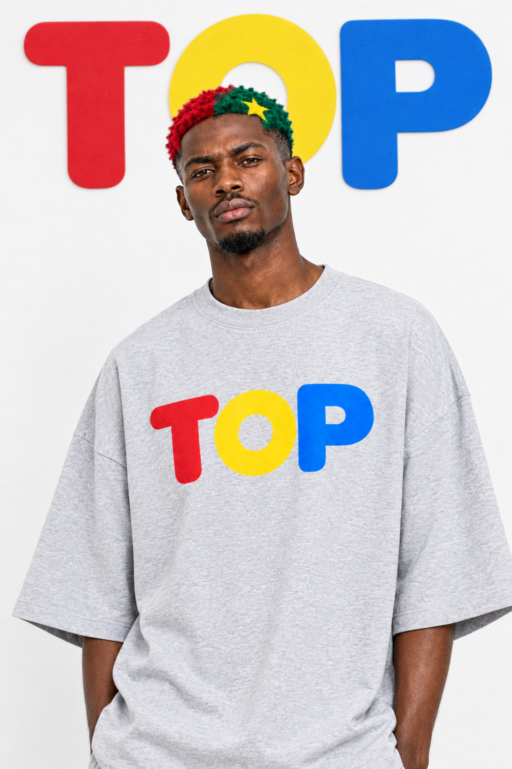 Natural grey tee model shot on clean matte white TOP wall