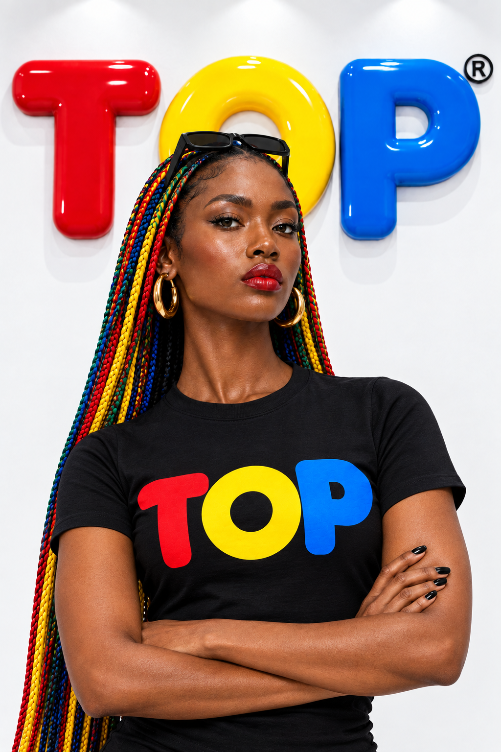 Rainbow Braids Black Tee Arms Crossed