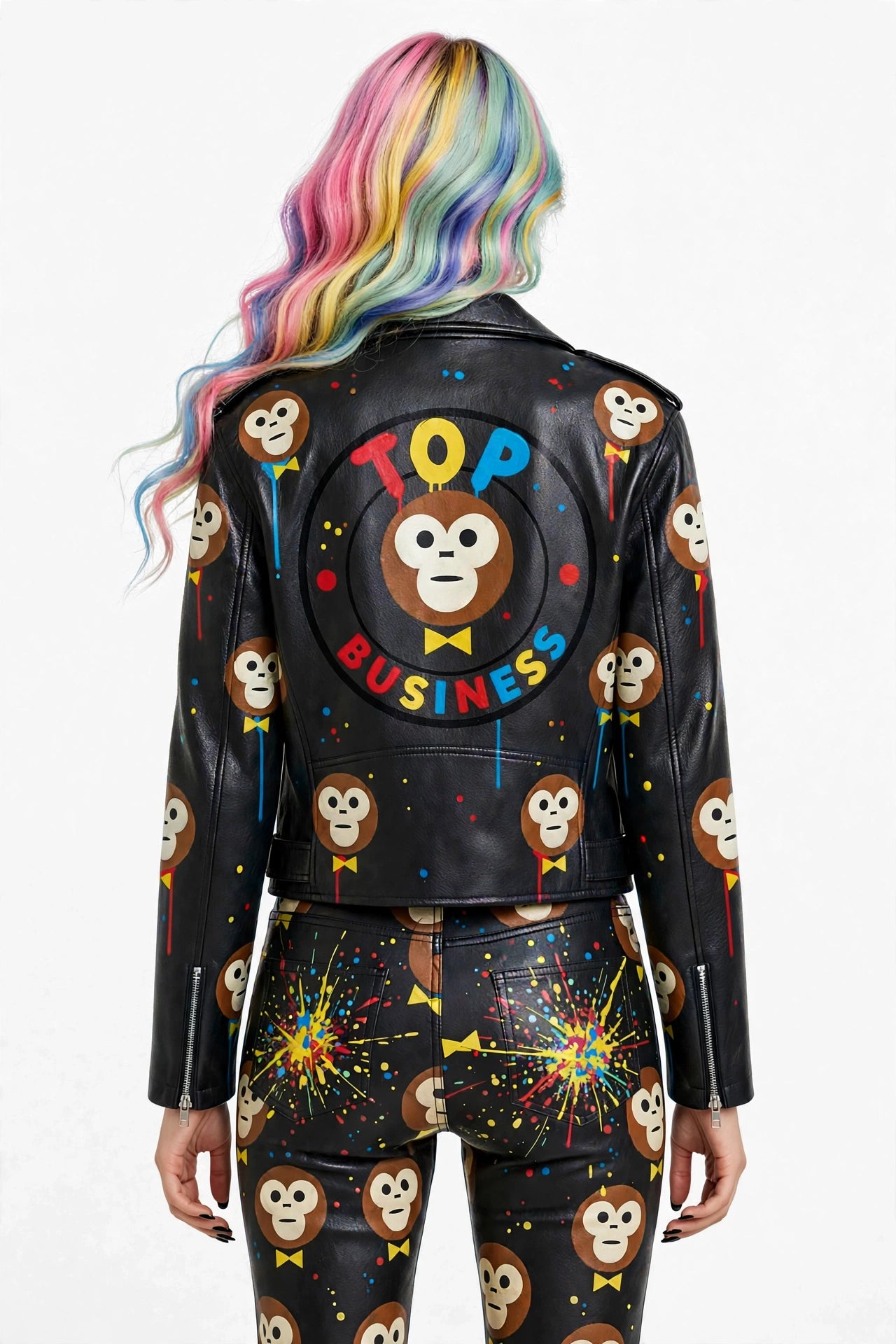 BLACK COATED TOP COLORS DRIP BIKER JACKET