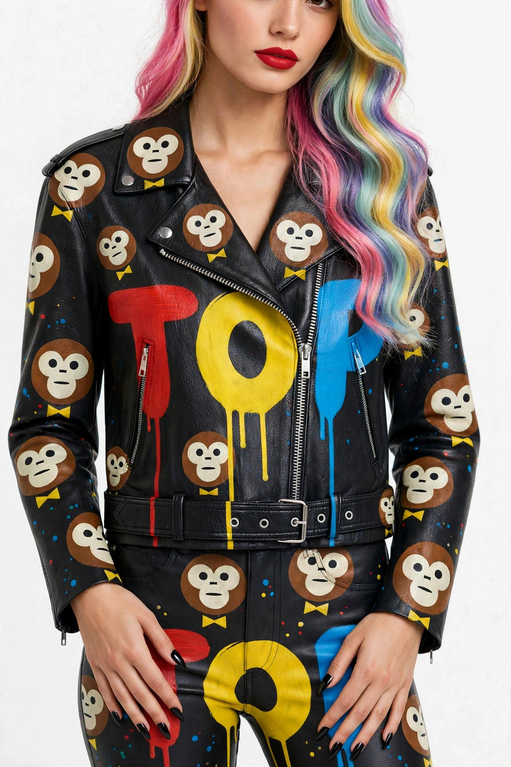 BLACK COATED TOP COLORS DRIP BIKER JACKET