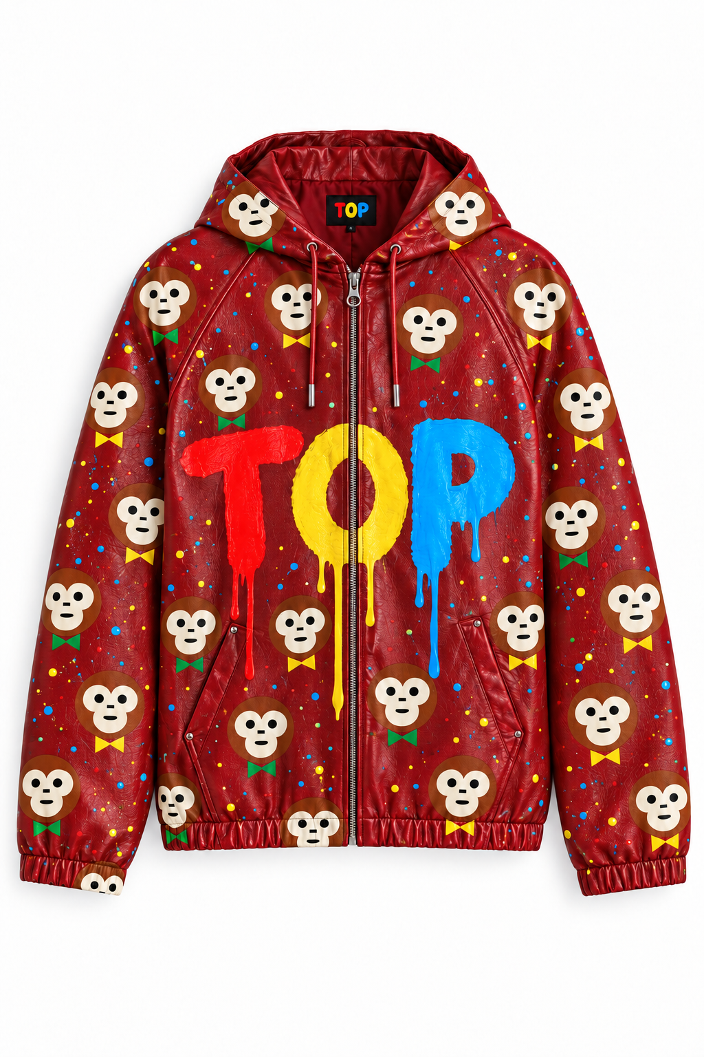 Red leather jacket with official logo mouth correction